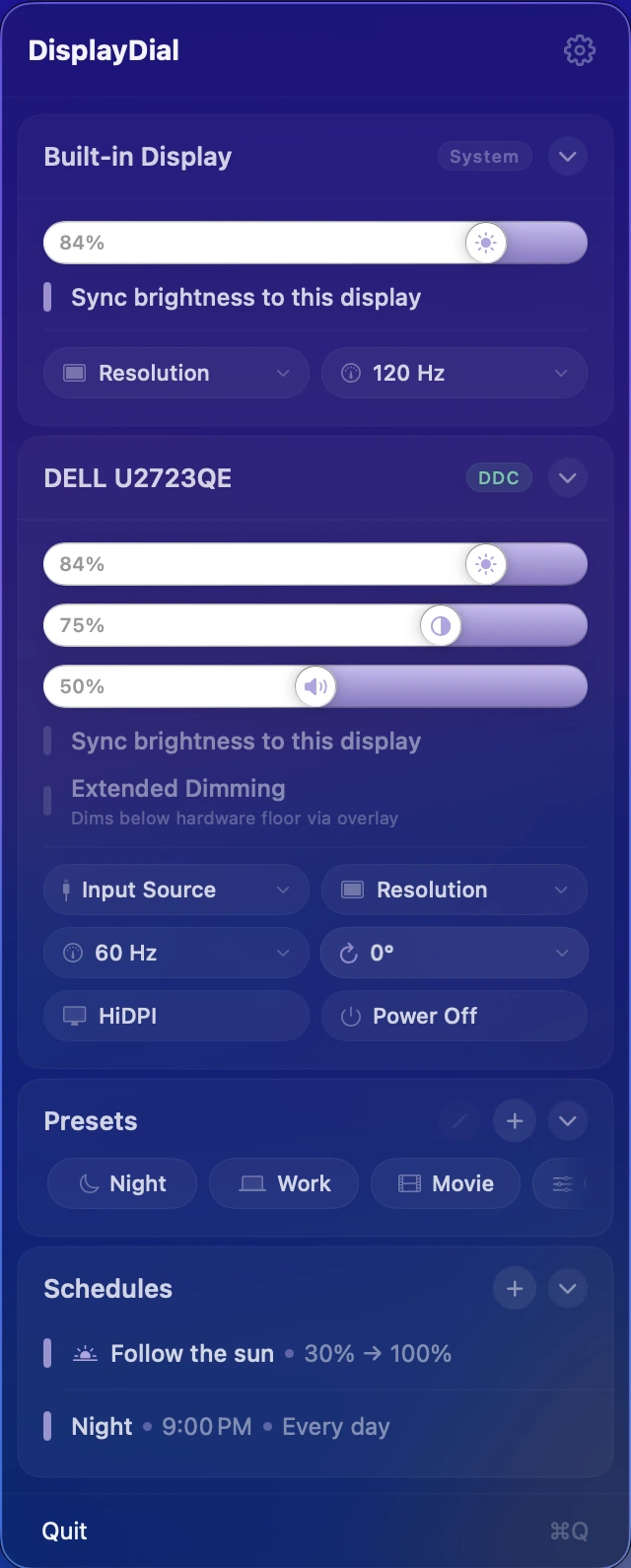 DisplayDial menu bar card — brightness, contrast, and volume sliders alongside resolution, refresh rate, rotation, and input source, all in one card.
