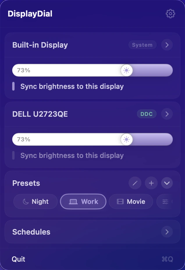 DisplayDial Presets — Night, Work, Movie modes with brightness, contrast, and volume saved per context, applied with one tap or a keyboard shortcut.