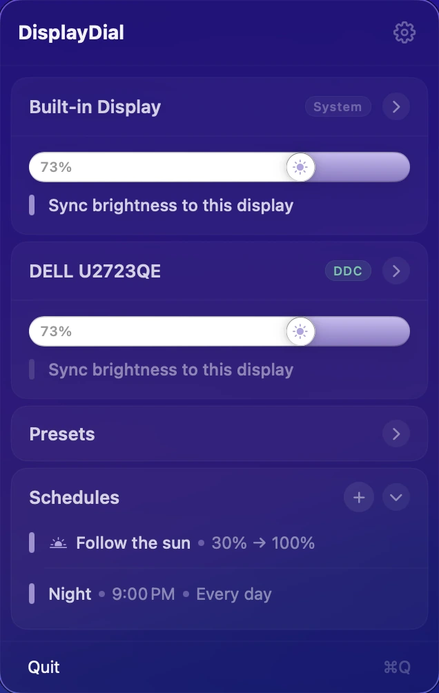 DisplayDial Schedules — sunrise, sunset, and clock-based triggers with a Follow the Sun toggle for automatic brightness through the day.