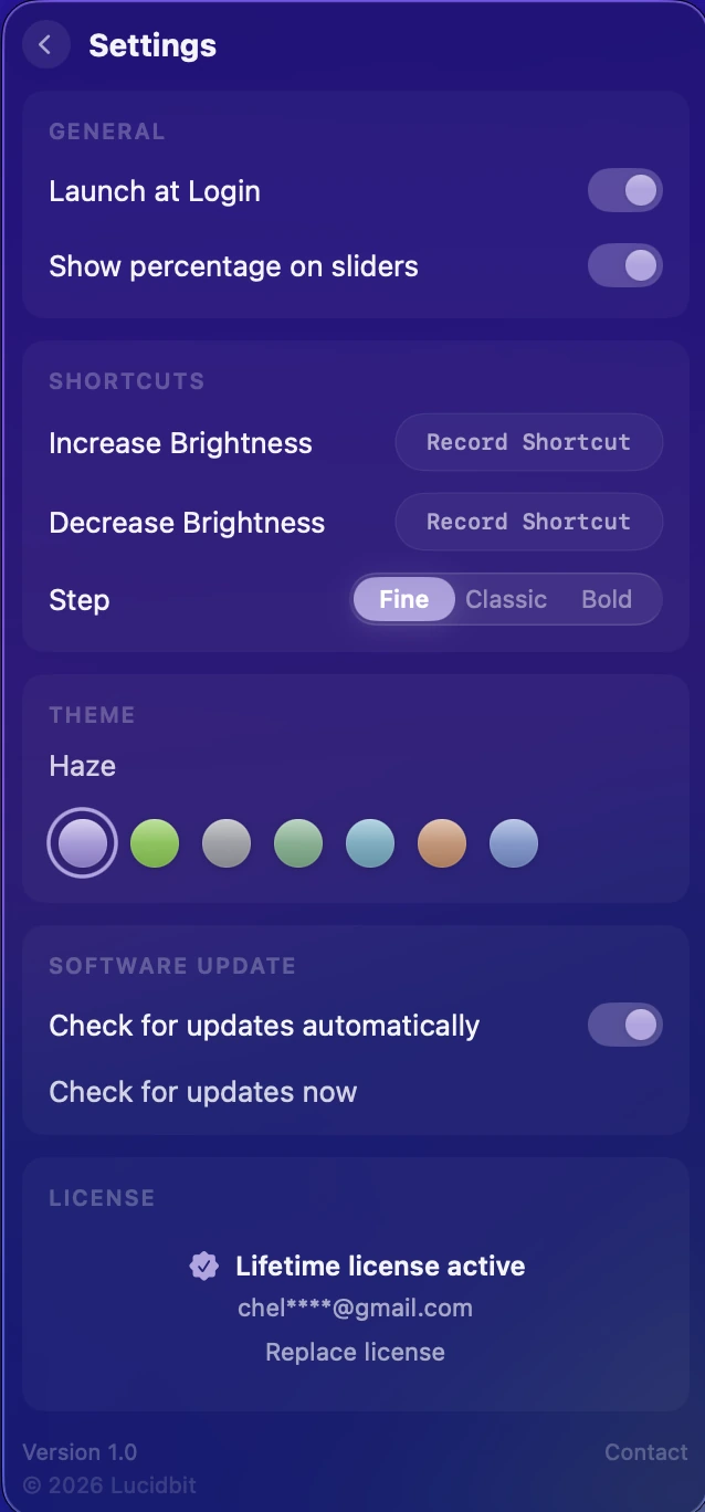 DisplayDial Settings — Launch at Login, brightness shortcuts, step size, theme picker, and license status.