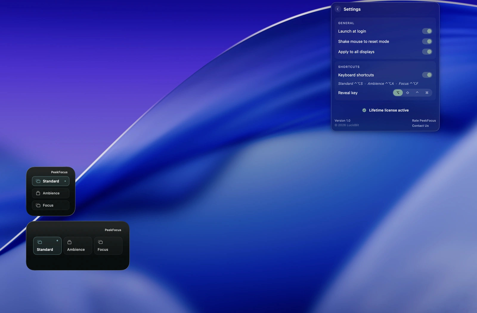 PeekFocus Settings panel — General, Shortcuts, Lifetime license — alongside two desktop widget variants for quick mode switching