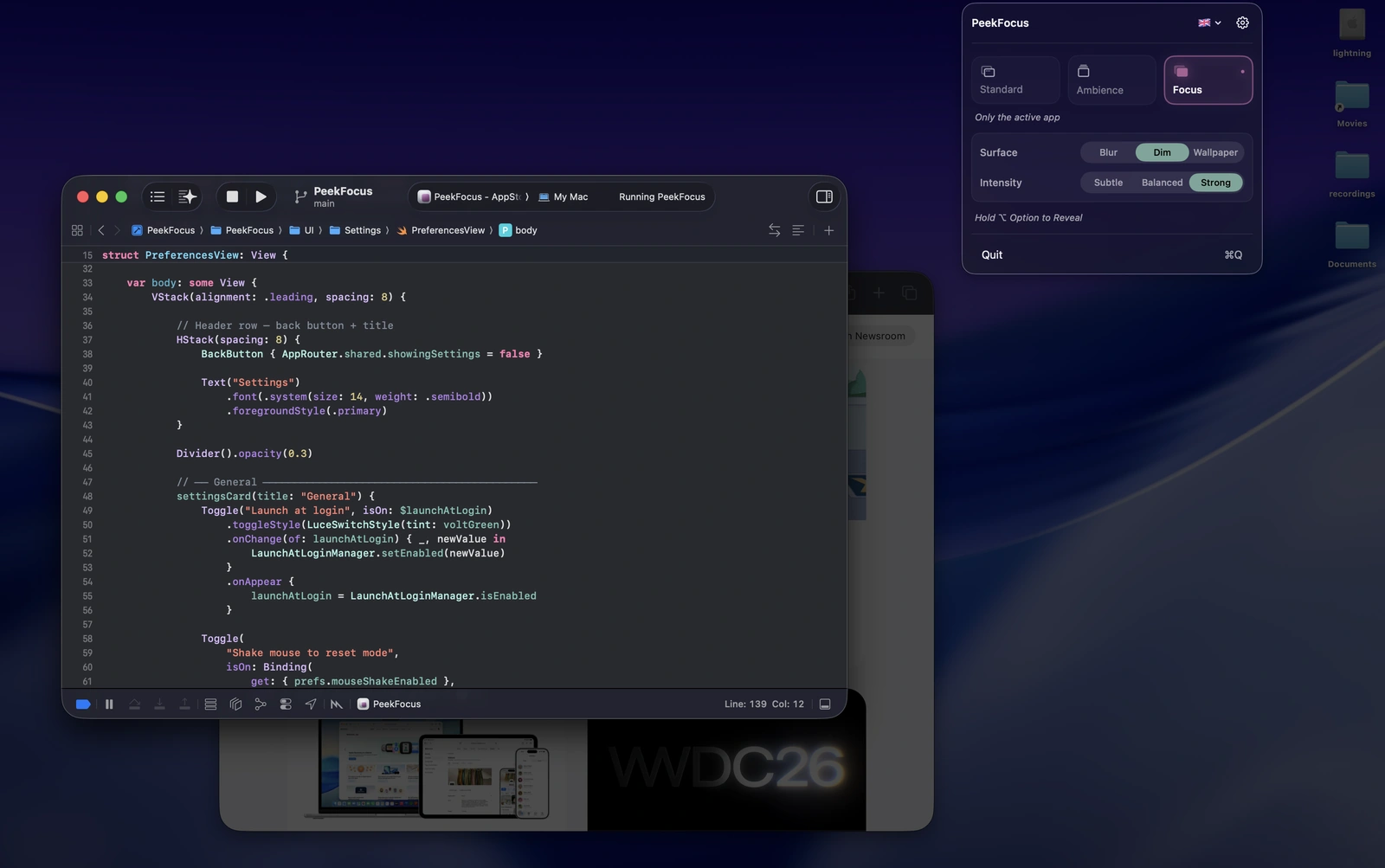 PeekFocus surface controls — choose Blur, Dim with Subtle / Balanced / Strong intensity, or Wallpaper