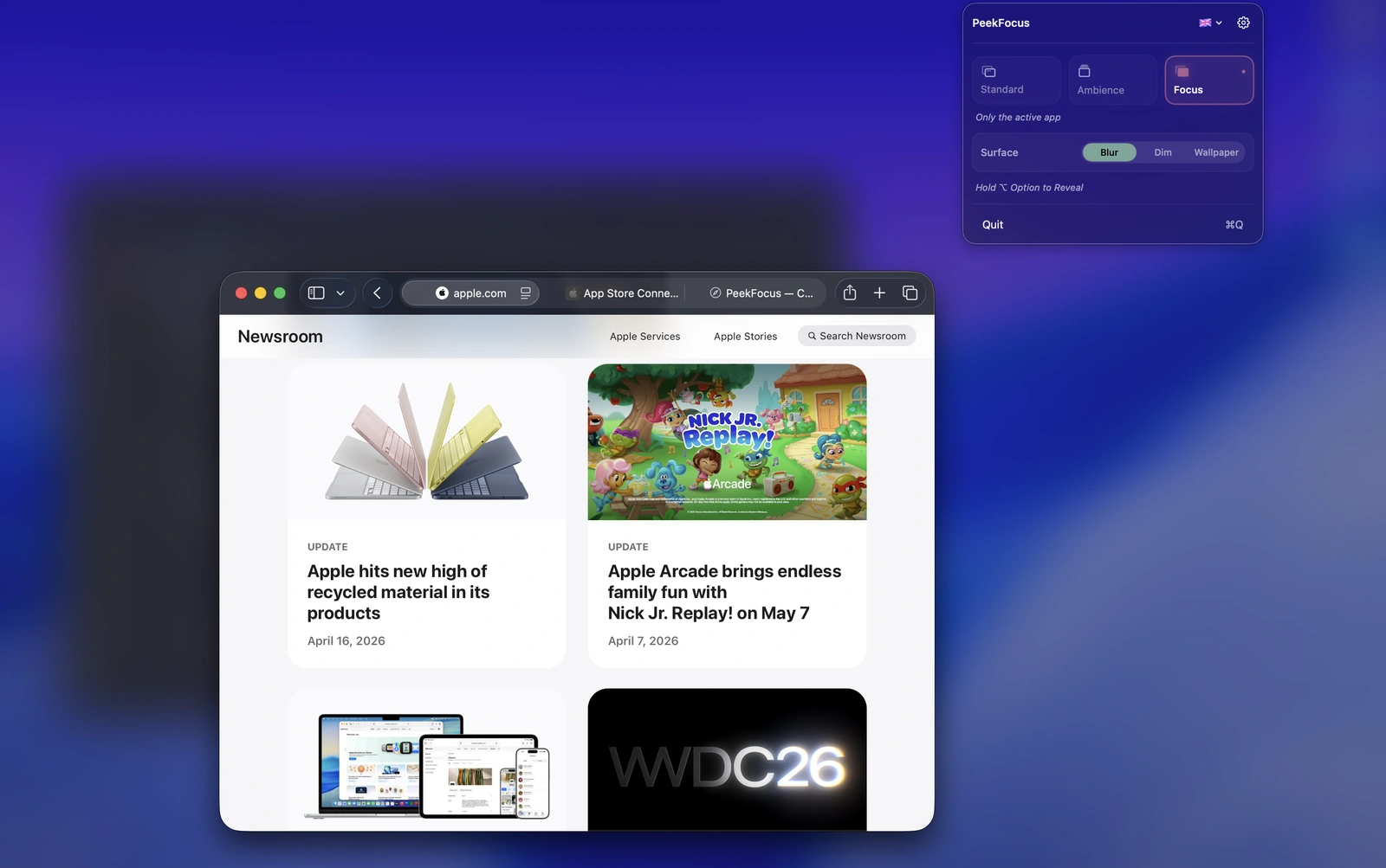 PeekFocus in Focus mode — only the active Safari window stays sharp, every window behind it is softly blurred