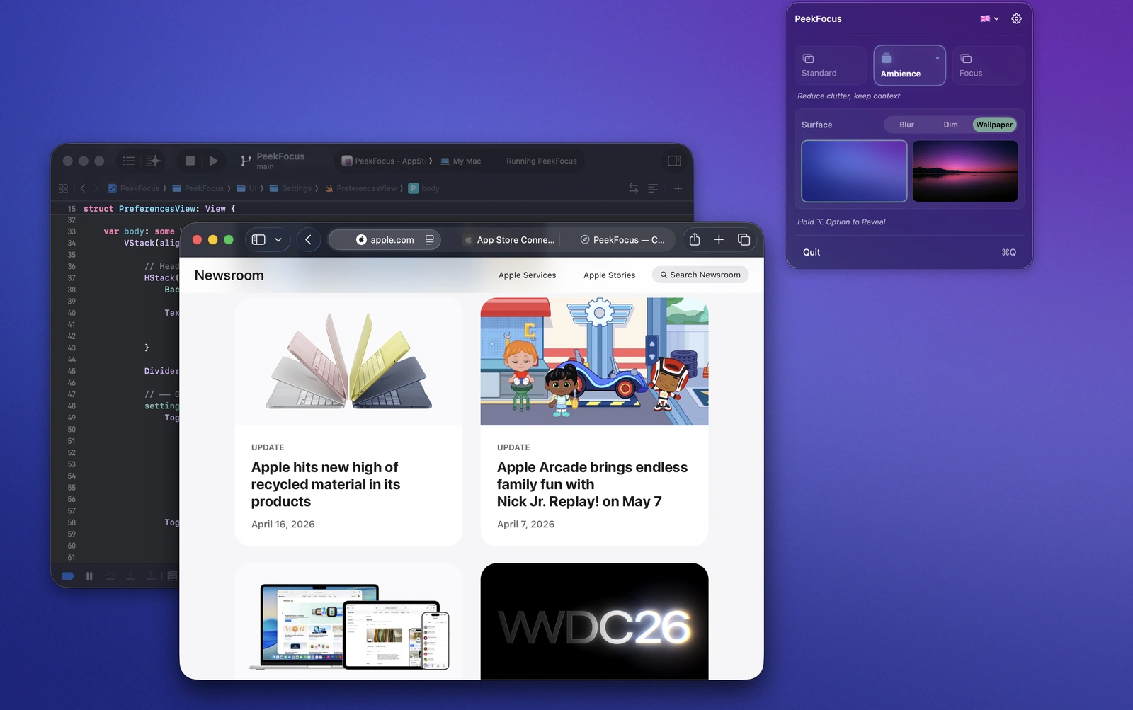 PeekFocus Ambience mode replacing the desktop with a calm wallpaper behind the active windows
