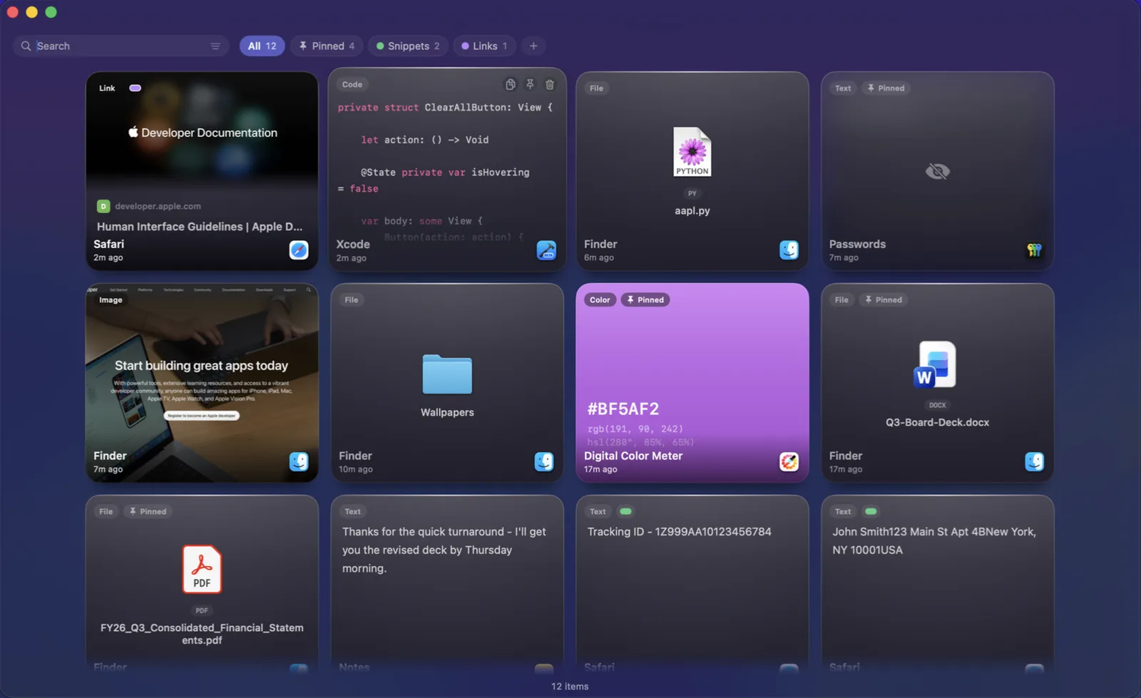 Clipboard cards for code, a link, a colour and a file