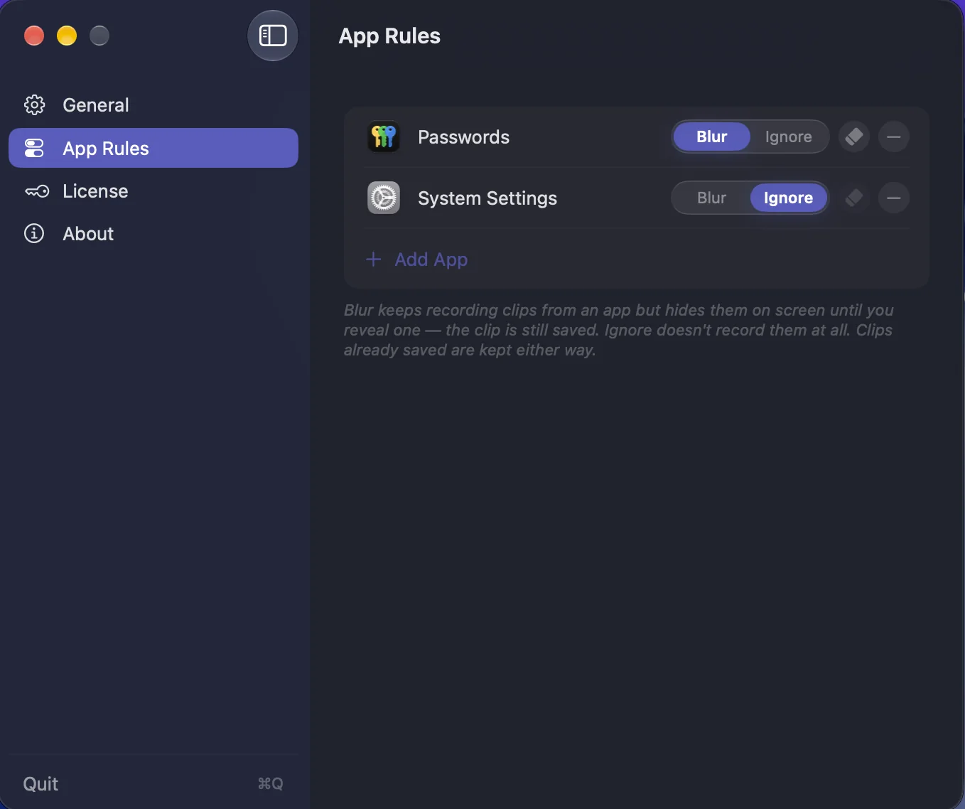 App Rules: blur or ignore clipboard history per app