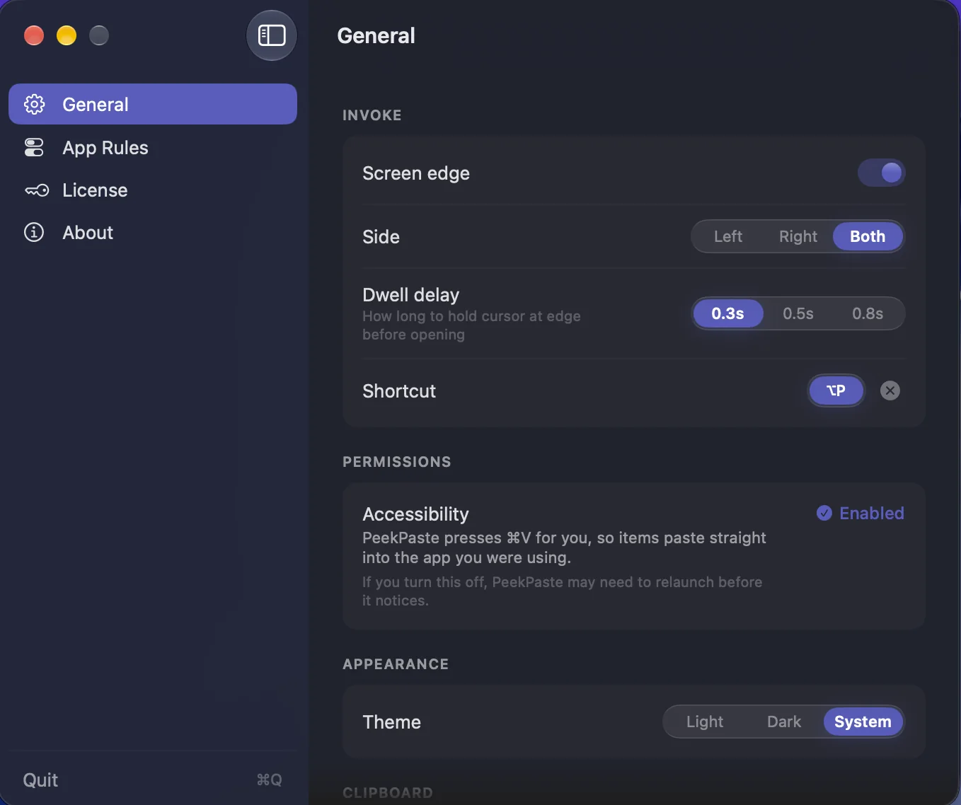 PeekPaste Settings: screen edge, dwell delay, shortcut, permission and theme