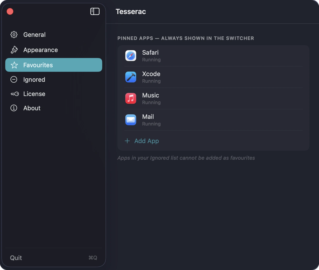 Tesserac Favourites panel — pin apps to always appear in the switcher