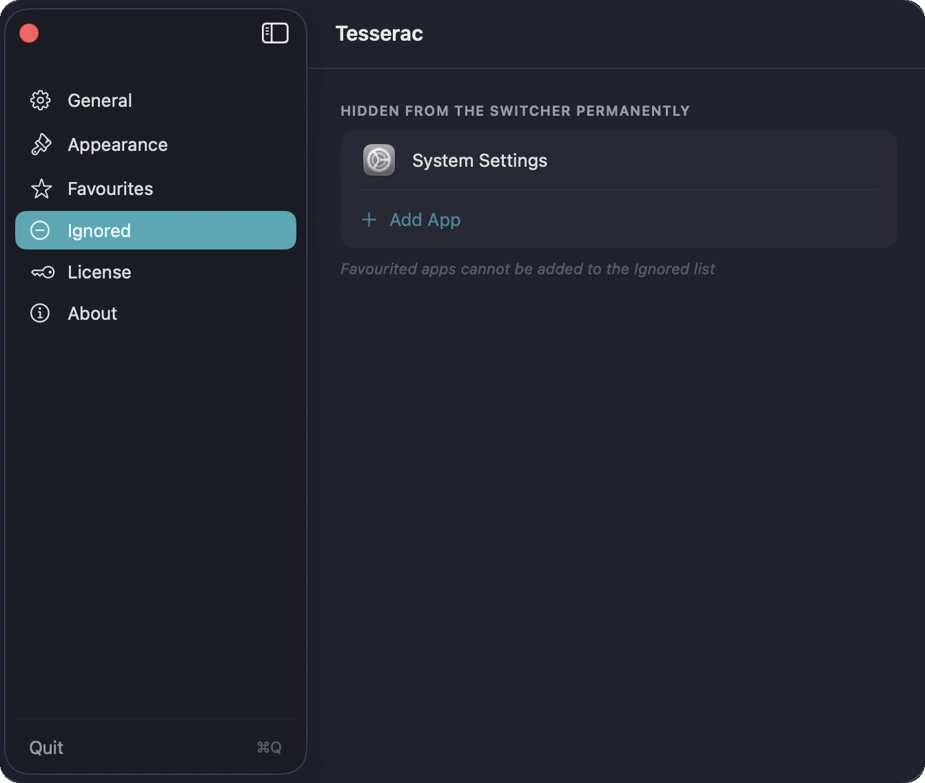 Tesserac Ignored panel — hide apps from the switcher permanently