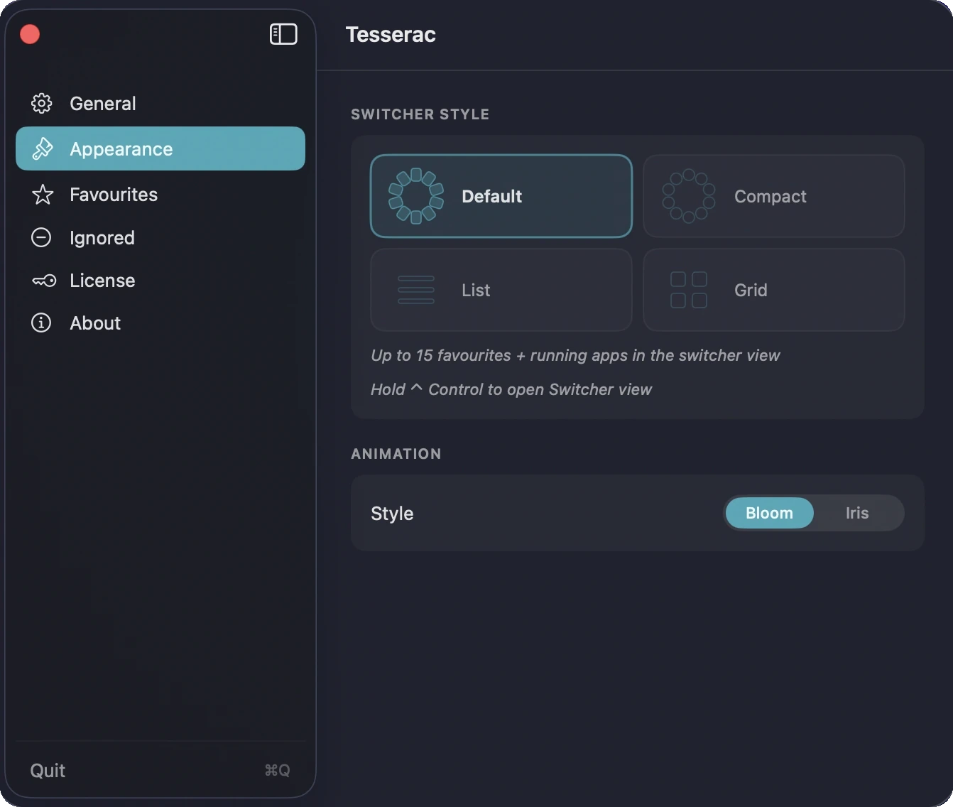 Tesserac layout options — spatial ring, list, and grid