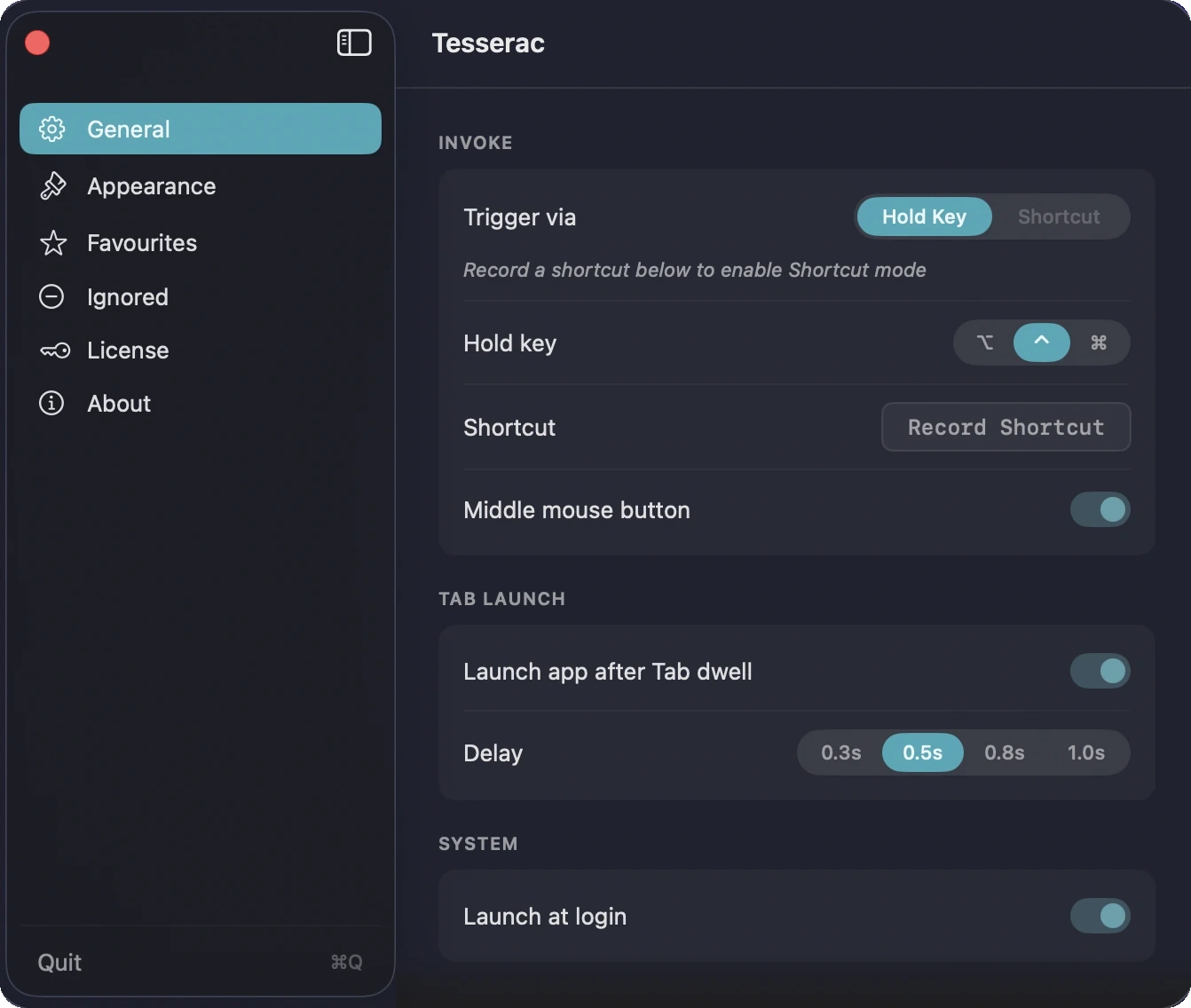 Tesserac settings window showing customisation options