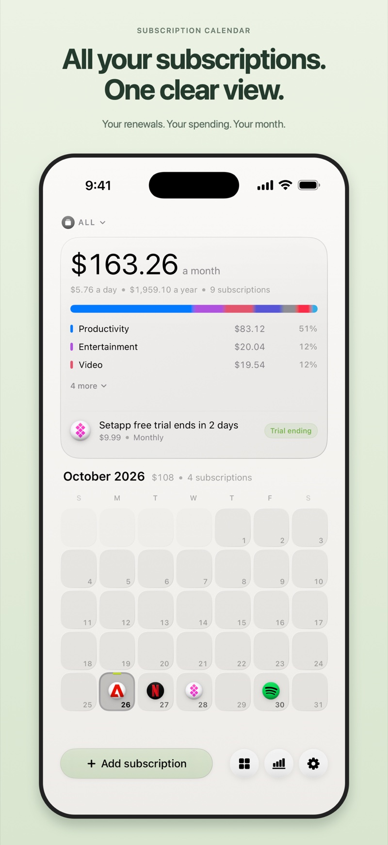 Calendar with subscription renewals and spending summary