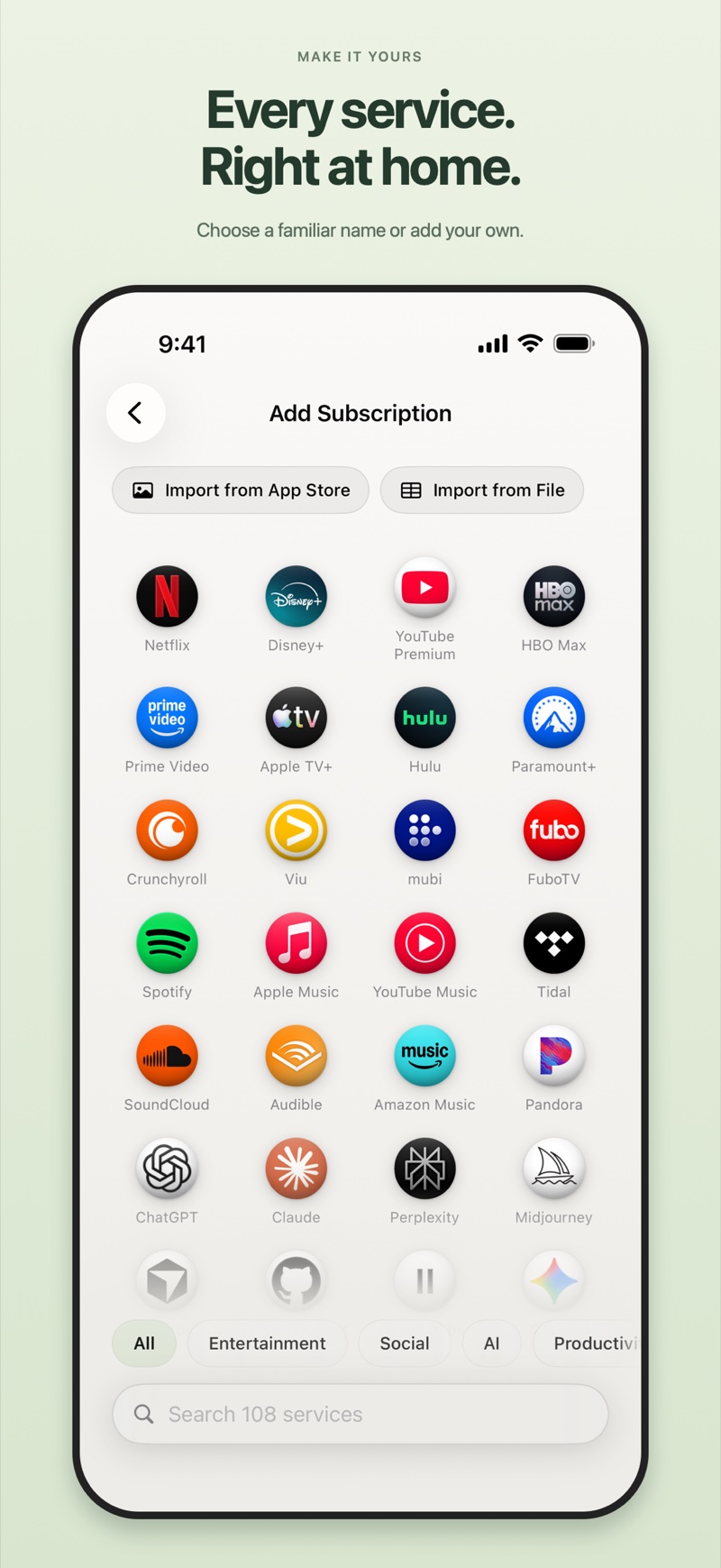 Service catalogue for adding a subscription