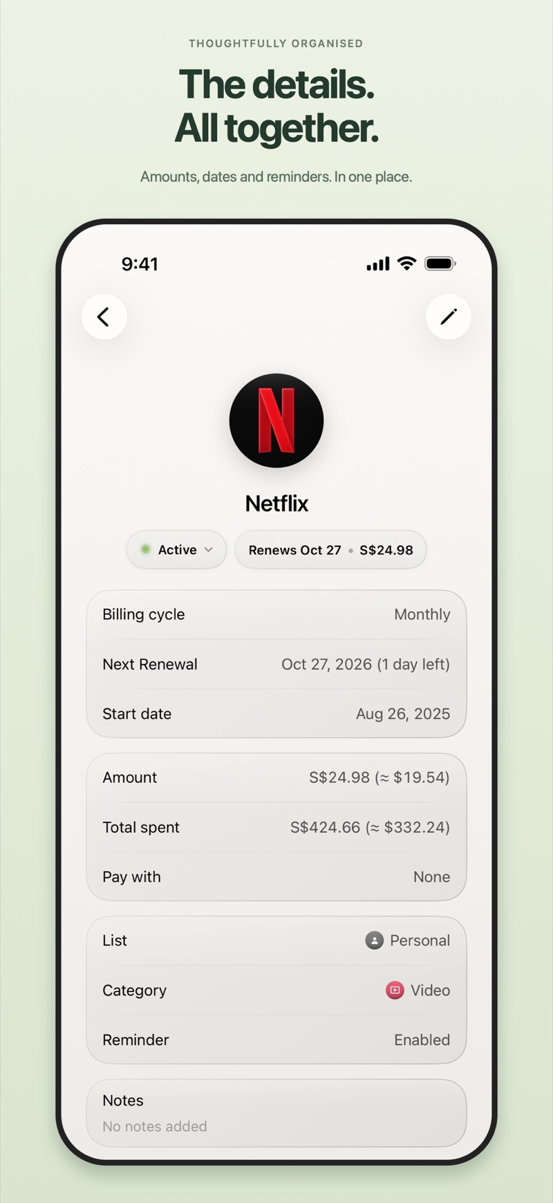 Subscription dates, amounts and reminder details