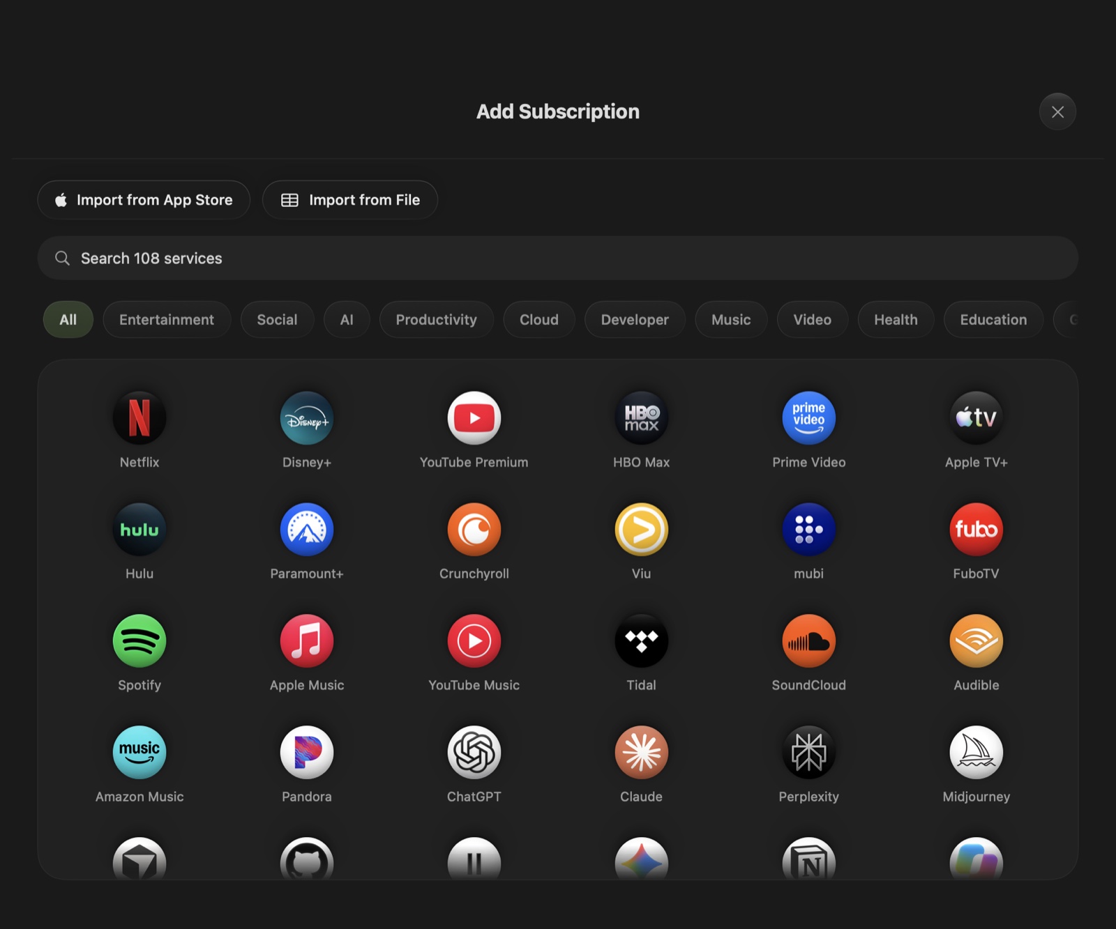 Service catalogue with recognisable logos and search on Mac