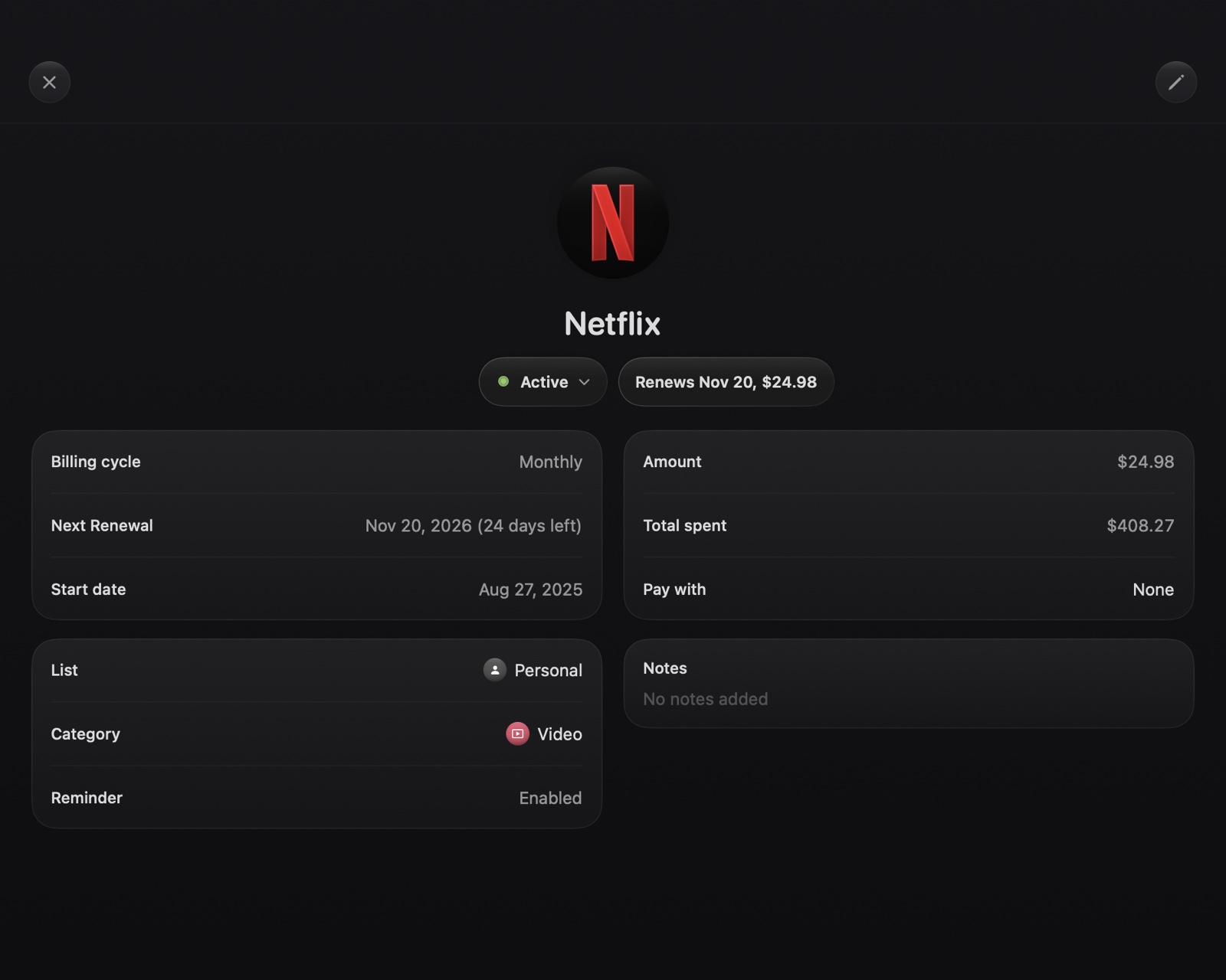 Netflix subscription with billing dates, spending, category and reminders on Mac