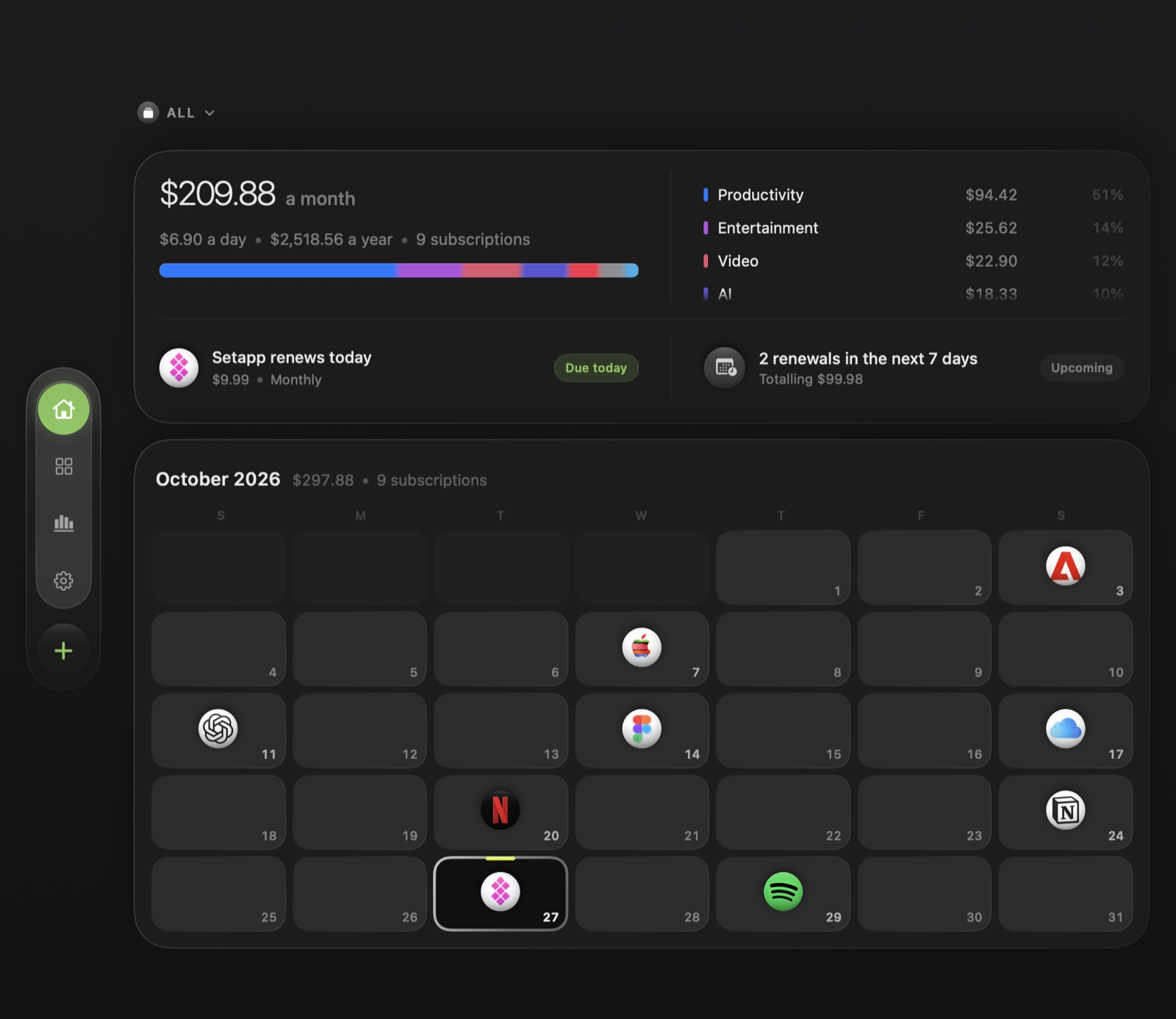 Monthly renewal calendar and spending summary in Subscription Calendar for Mac