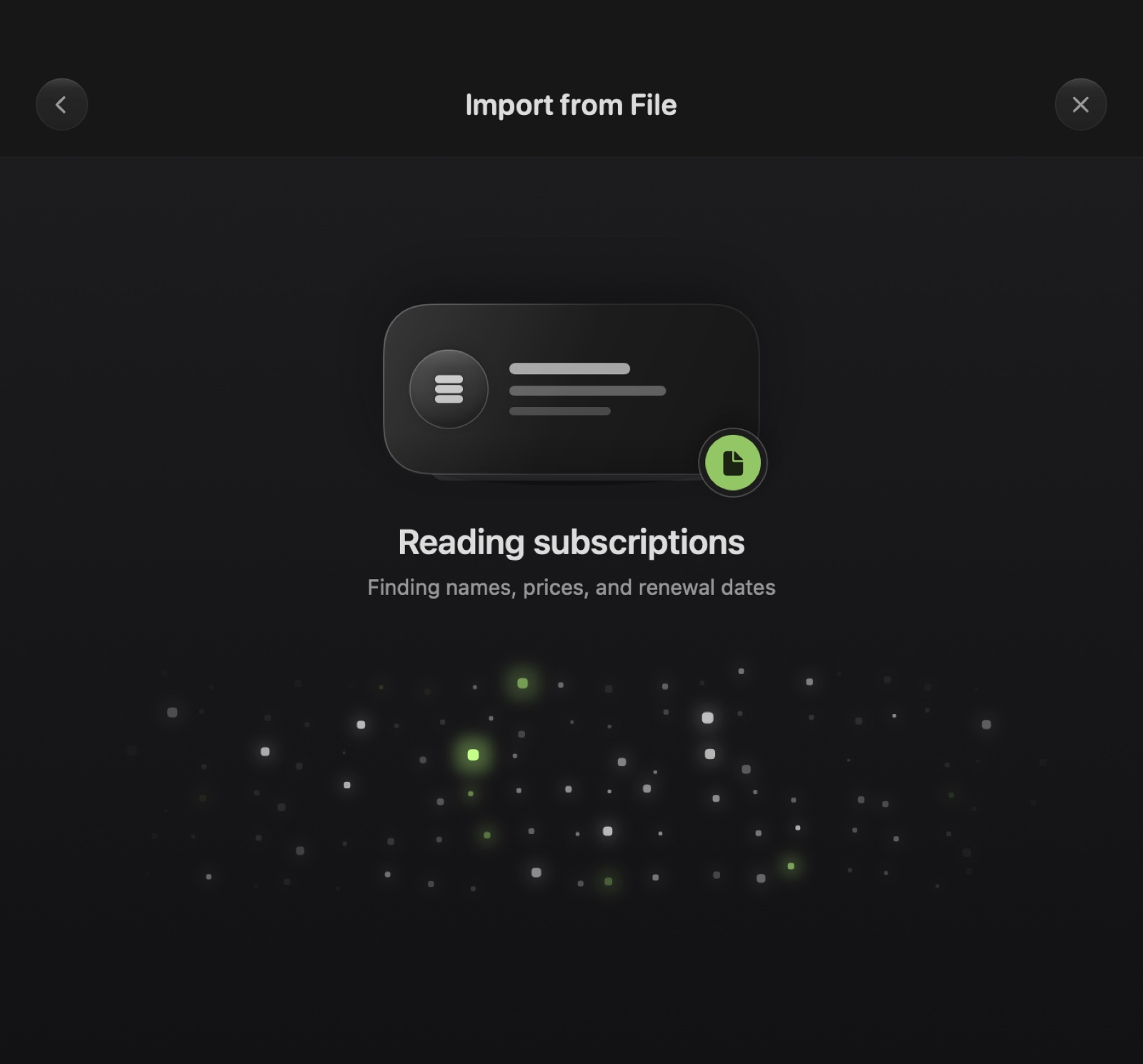On-device file import reading subscription names, prices and renewal dates on Mac