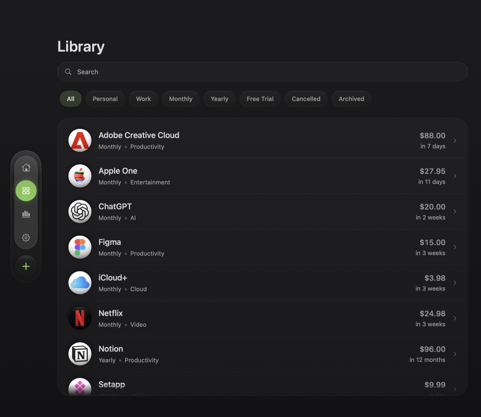Subscription library with lists, currencies, search and filters on Mac